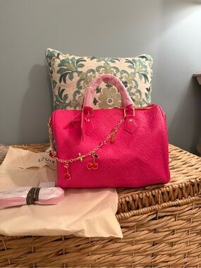 L V Hot Pink Monogram Speedy 30 with Cherry Charm